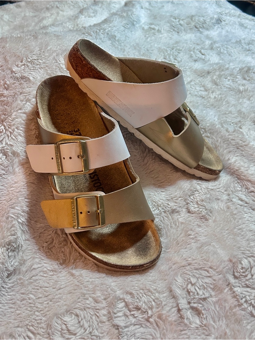 Birkenstock Two-Strap Slide Sandals in White and Gold-Taupe